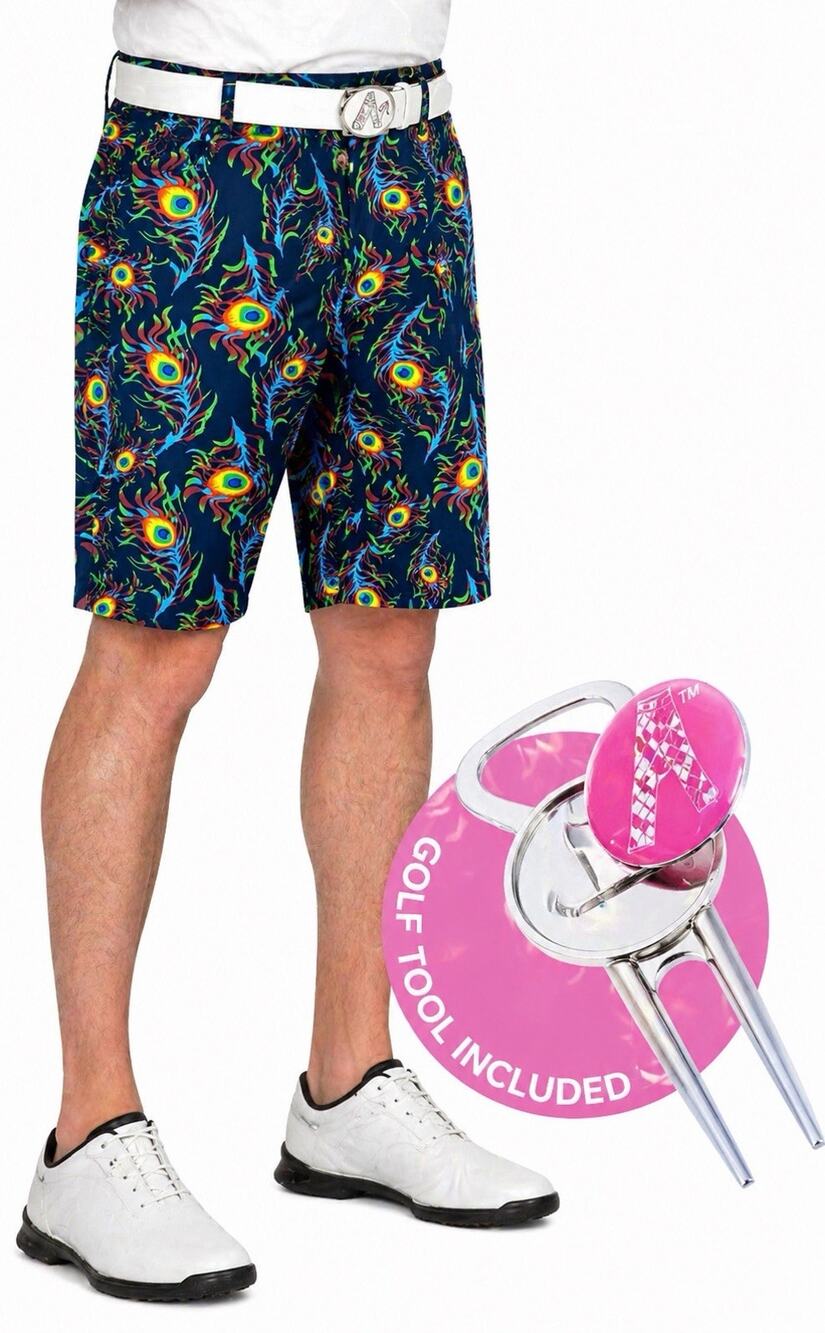 Royal & Awesome Bright Birdie Golf Shorts Mens 32 NWT Peacock Feather Tool
